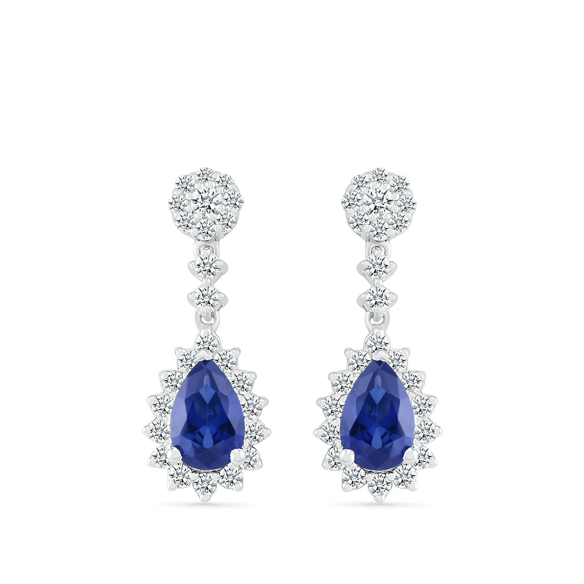 Pear Sapphire & 1/3 ct. tw. Diamond Starburst Halo Drop Earrings in 10K White Gold front view