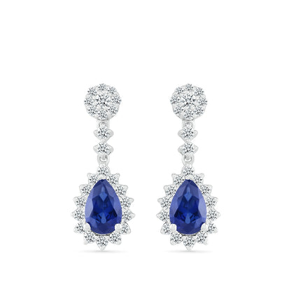 Pear Sapphire & 1/3 ct. tw. Diamond Starburst Halo Drop Earrings in 10K White Gold front view