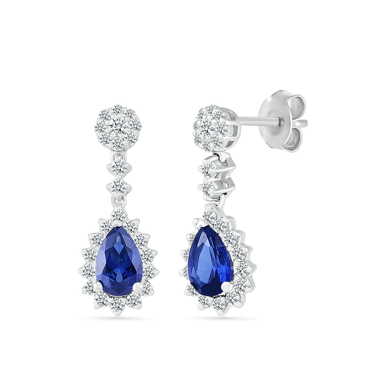 Pear Sapphire & 1/3 ct. tw. Diamond Starburst Halo Drop Earrings in 10K White Gold