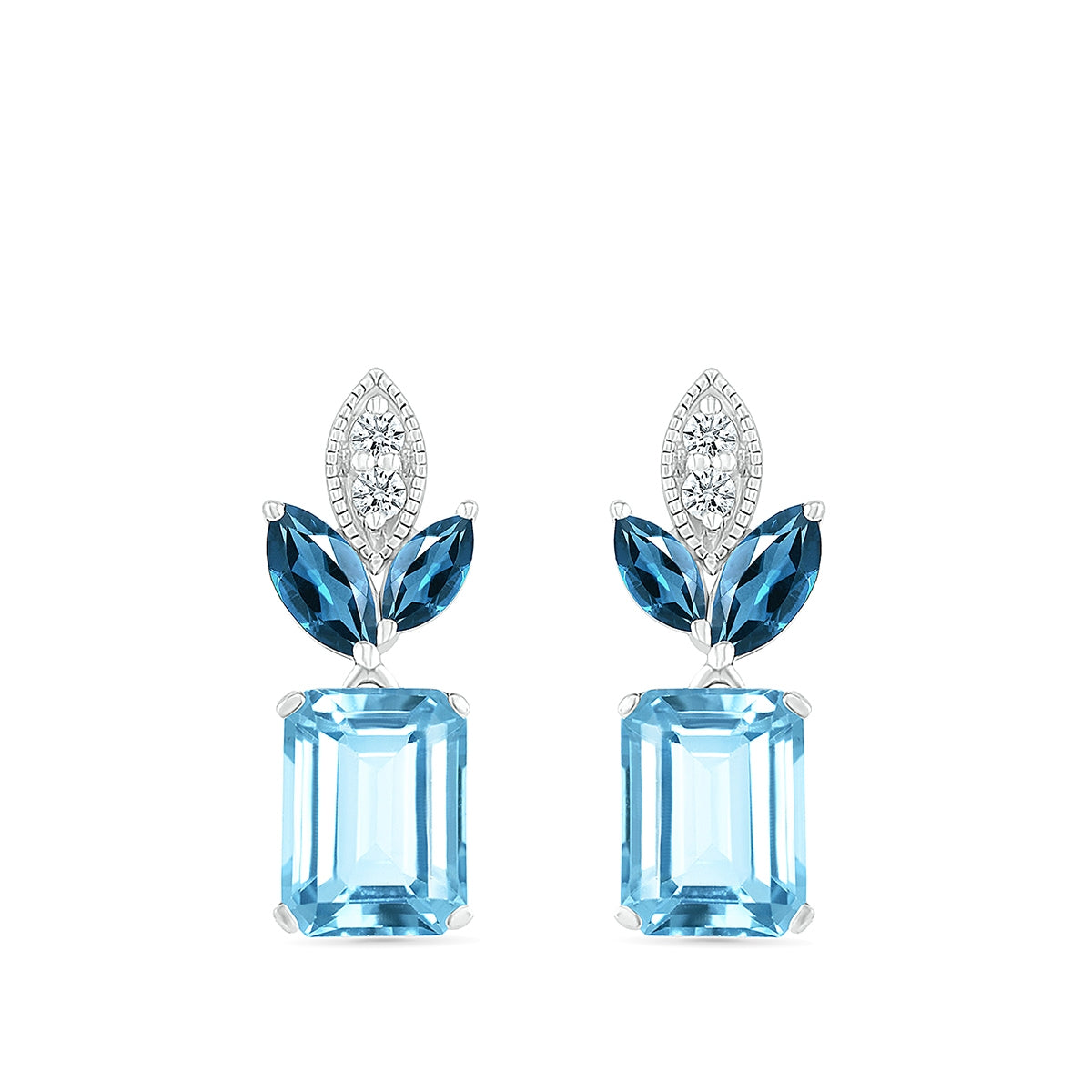 Emerald Cut & Marquise Blue Topaz & Diamond Accent Drop Earrings in 10K White Gold front view