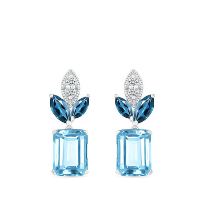Emerald Cut & Marquise Blue Topaz & Diamond Accent Drop Earrings in 10K White Gold front view