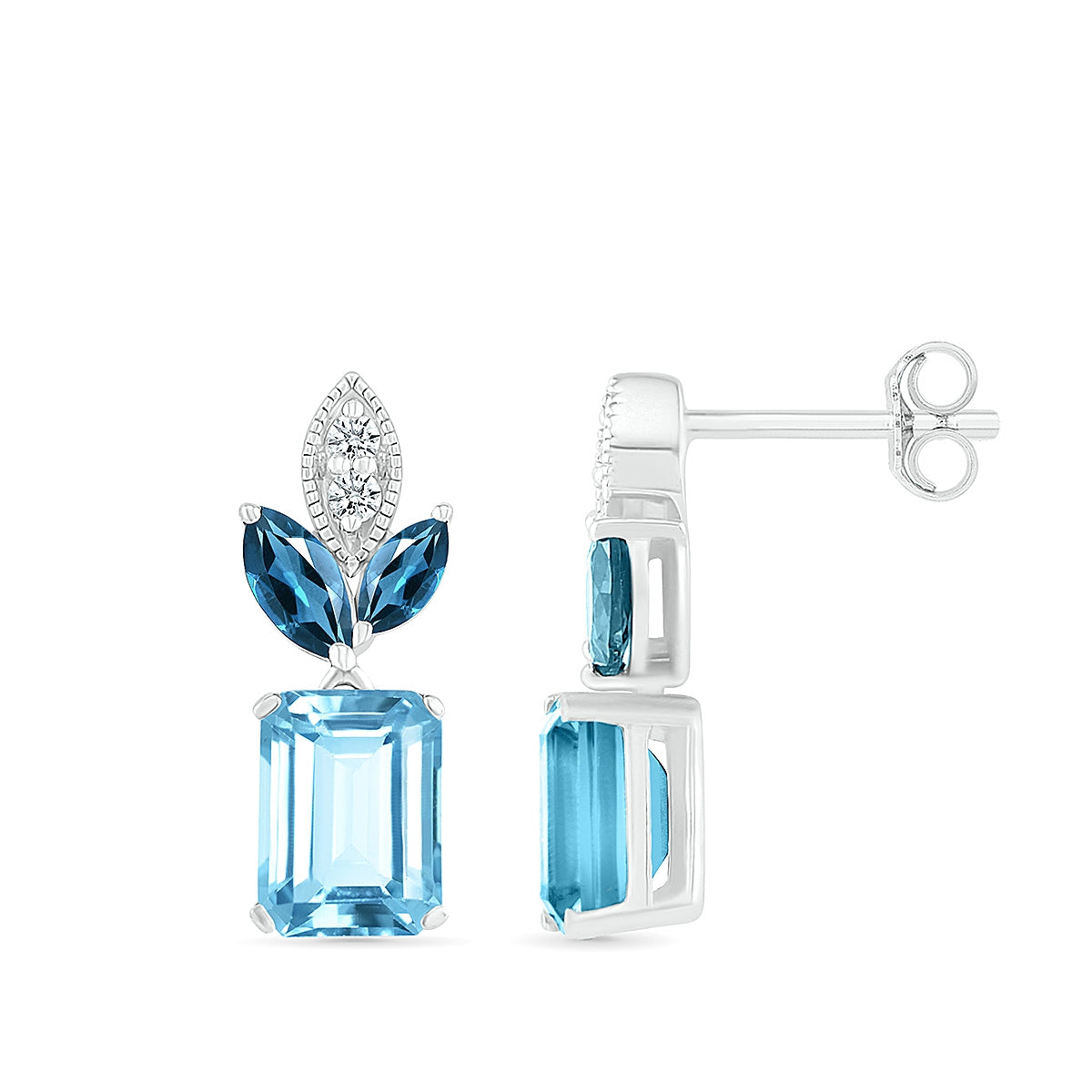 Emerald Cut & Marquise Blue Topaz & Diamond Accent Drop Earrings in 10K White Gold close-up detail