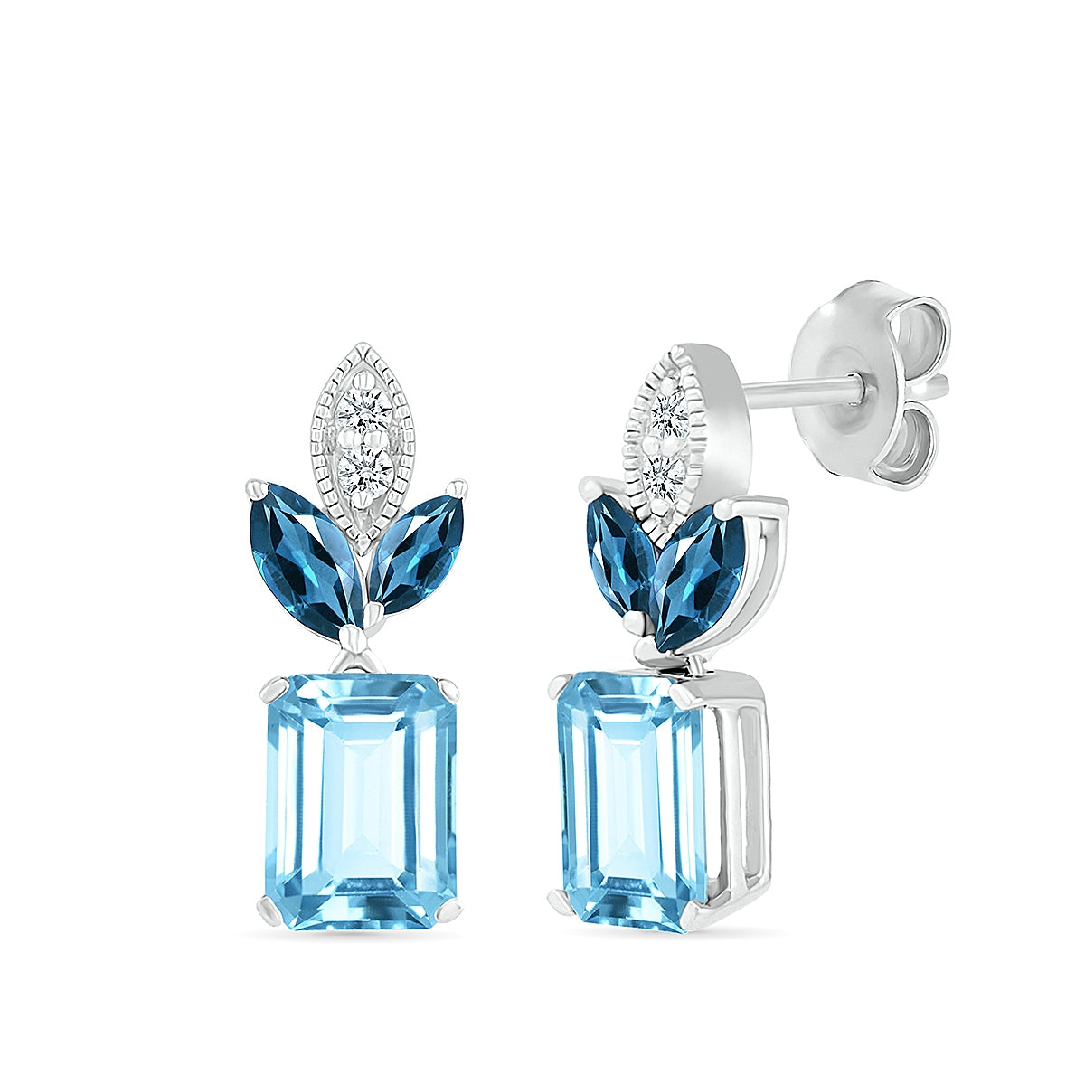 Emerald Cut & Marquise Blue Topaz & Diamond Accent Drop Earrings in 10K White Gold