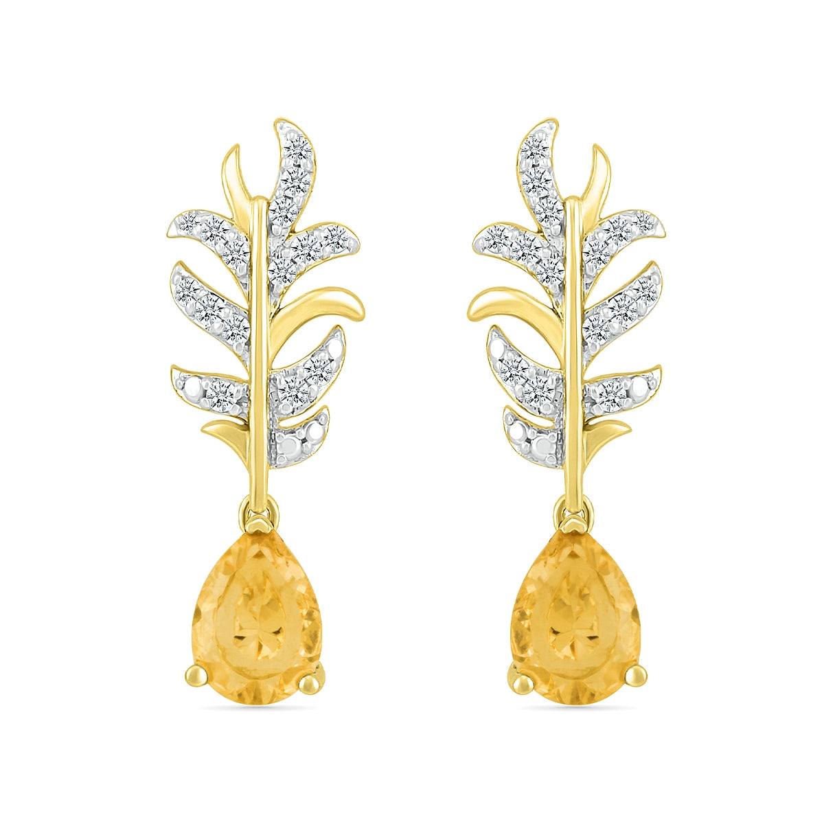Pear Citrine & 1/5 ct. tw. Diamond Leaf Earrings in 10K Yellow Gold front view