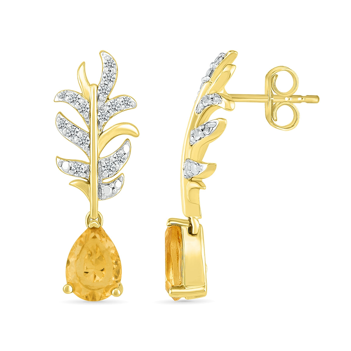 Pear Citrine & 1/5 ct. tw. Diamond Leaf Earrings in 10K Yellow Gold close-up detail
