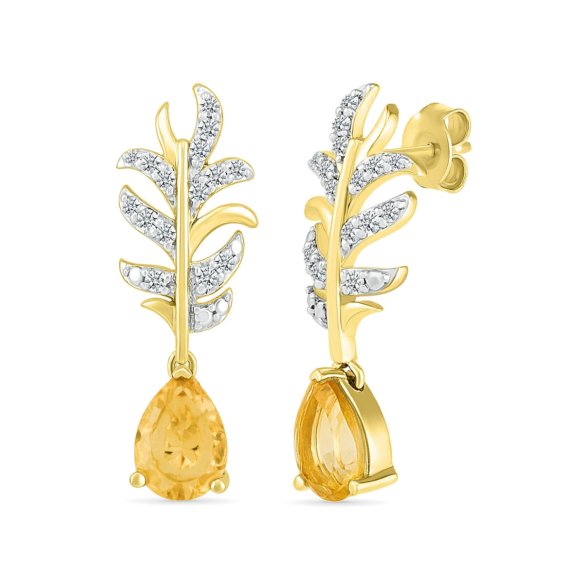 Pear Citrine & 1/5 ct. tw. Diamond Leaf Earrings in 10K Yellow Gold