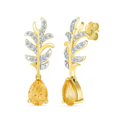 Pear Citrine & 1/5 ct. tw. Diamond Leaf Earrings in 10K Yellow Gold
