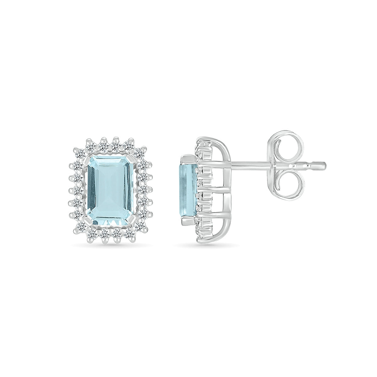 Emerald Cut Aquamarine & 1/5 ct. tw. Starburst Halo Earrings in 10K White Gold close-up detail