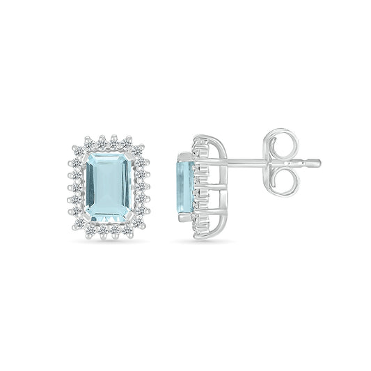 Emerald Cut Aquamarine & 1/5 ct. tw. Starburst Halo Earrings in 10K White Gold close-up detail
