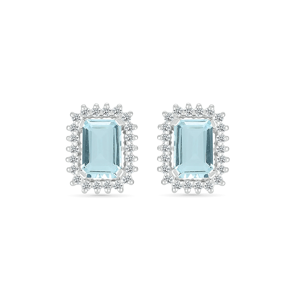 Emerald Cut Aquamarine & 1/5 ct. tw. Starburst Halo Earrings in 10K White Gold front view