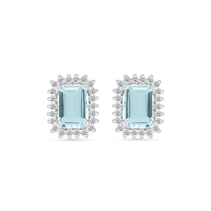 Emerald Cut Aquamarine & 1/5 ct. tw. Starburst Halo Earrings in 10K White Gold front view