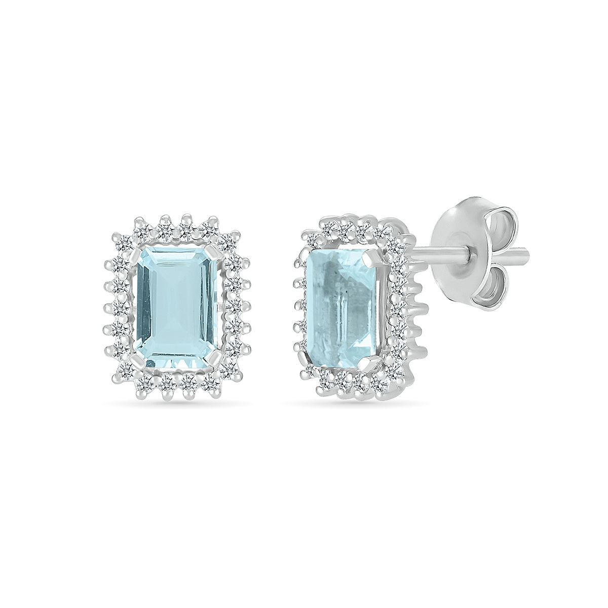 Emerald Cut Aquamarine & 1/5 ct. tw. Starburst Halo Earrings in 10K White Gold