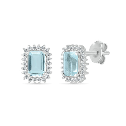 Emerald Cut Aquamarine & 1/5 ct. tw. Starburst Halo Earrings in 10K White Gold