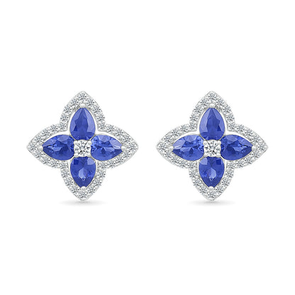 Pear Sapphire & 1/3 ct. tw. Diamond Floral Earrings in 10K White Gold front view