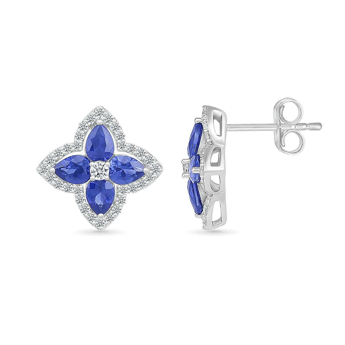 Pear Sapphire & 1/3 ct. tw. Diamond Floral Earrings in 10K White Gold close-up detail