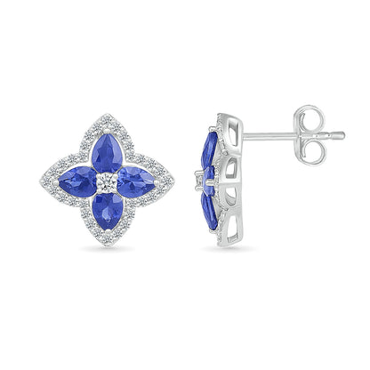Pear Sapphire & 1/3 ct. tw. Diamond Floral Earrings in 10K White Gold close-up detail