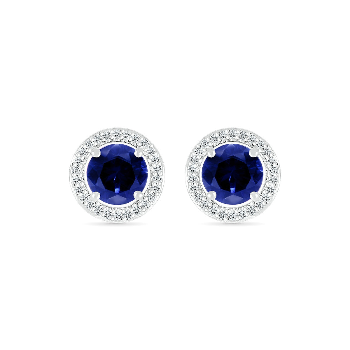 Round Sapphire & 1/10 ct. tw. Diamond Halo Earrings in 10K White Gold front view