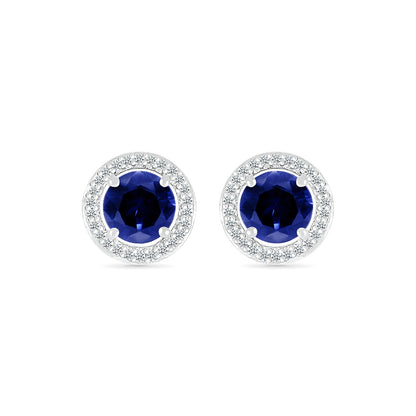 Round Sapphire & 1/10 ct. tw. Diamond Halo Earrings in 10K White Gold front view