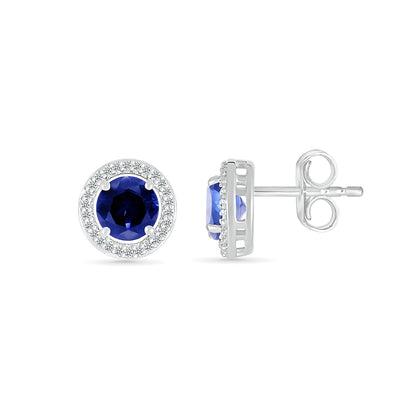 Round Sapphire & 1/10 ct. tw. Diamond Halo Earrings in 10K White Gold close-up detail