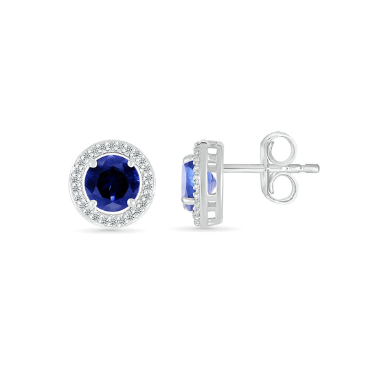 Round Sapphire & 1/10 ct. tw. Diamond Halo Earrings in 10K White Gold close-up detail