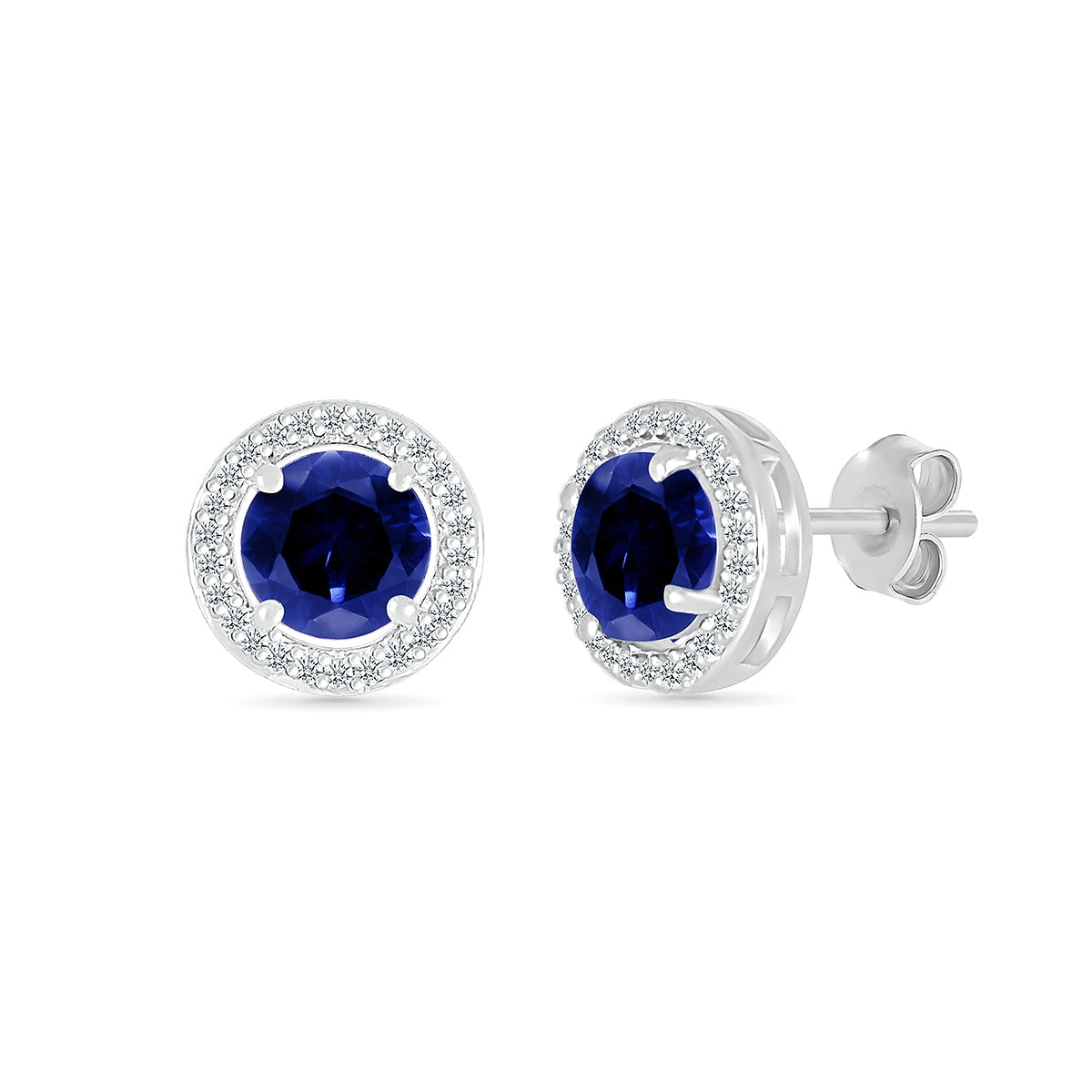 Round Sapphire & 1/10 ct. tw. Diamond Halo Earrings in 10K White Gold