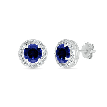 Round Sapphire & 1/10 ct. tw. Diamond Halo Earrings in 10K White Gold