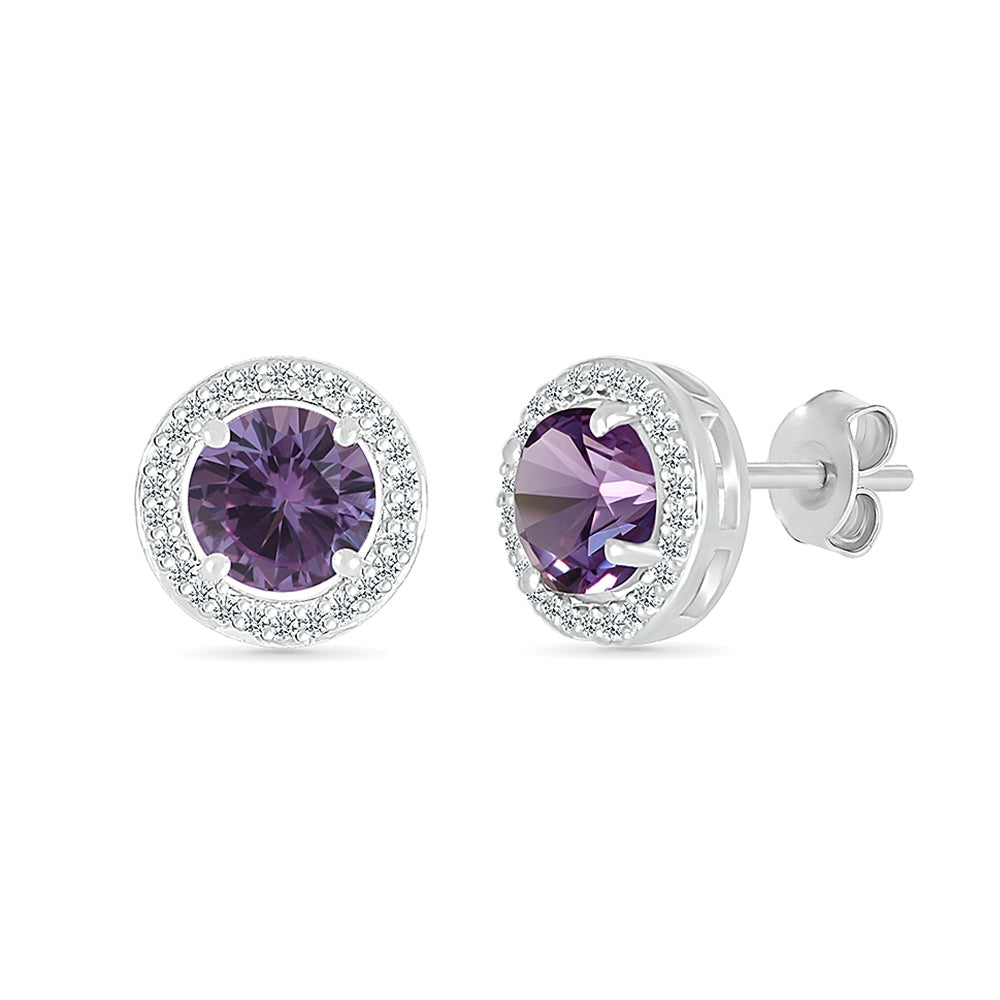 Created Round Alexandrite & White Sapphire Halo Earrings in Sterling Silver
