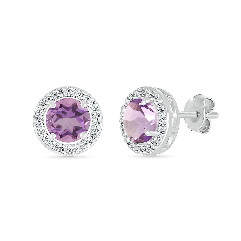 Round Amethyst & Created White Sapphire Halo Earrings in Sterling Silver