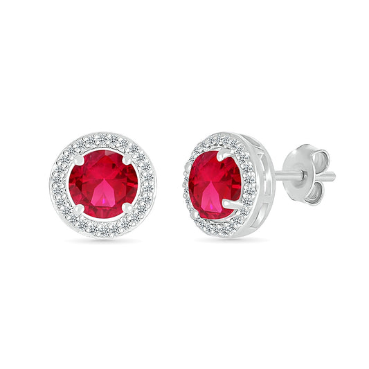Created Round Ruby & White Sapphire Halo Earrings in Sterling Silver