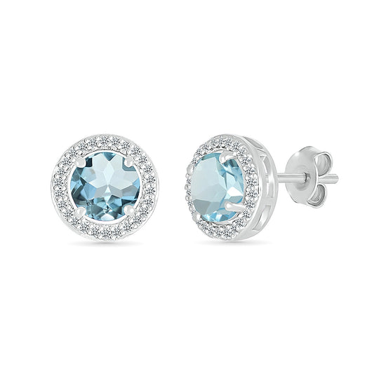 Round Swiss Blue Topaz & Created White Sapphire Halo Earrings in Sterling Silver