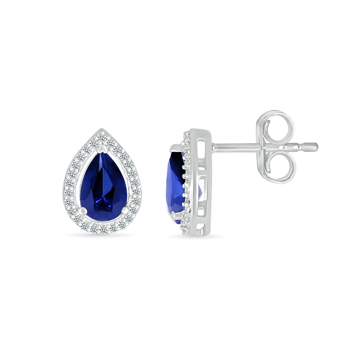 Pear Sapphire & 1/10 ct. tw. Diamond Halo Earrings in 10K White Gold close-up detail