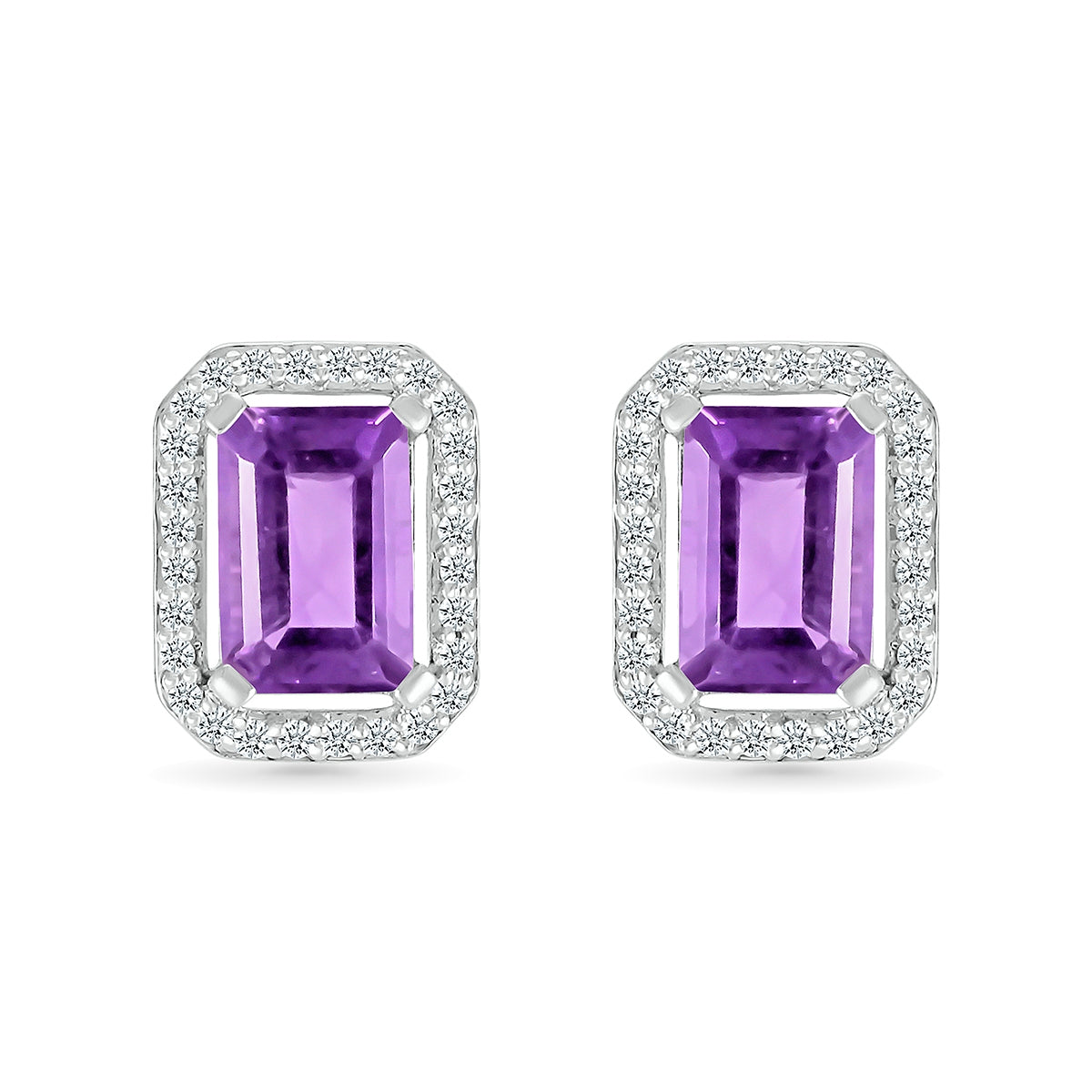 Emerald Cut Amethyst & 1/8 ct. tw. Diamond Halo Earrings in 10K White Gold front view