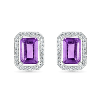 Emerald Cut Amethyst & 1/8 ct. tw. Diamond Halo Earrings in 10K White Gold front view