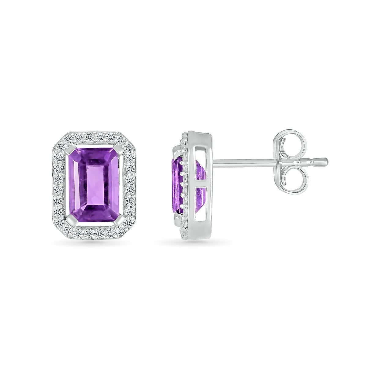 Emerald Cut Amethyst & 1/8 ct. tw. Diamond Halo Earrings in 10K White Gold close-up detail