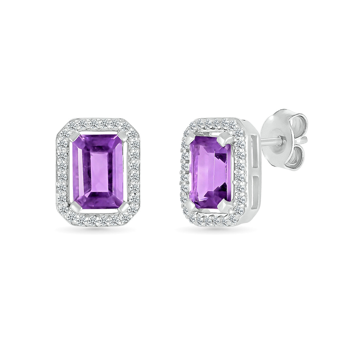 Emerald Cut Amethyst & 1/8 ct. tw. Diamond Halo Earrings in 10K White Gold