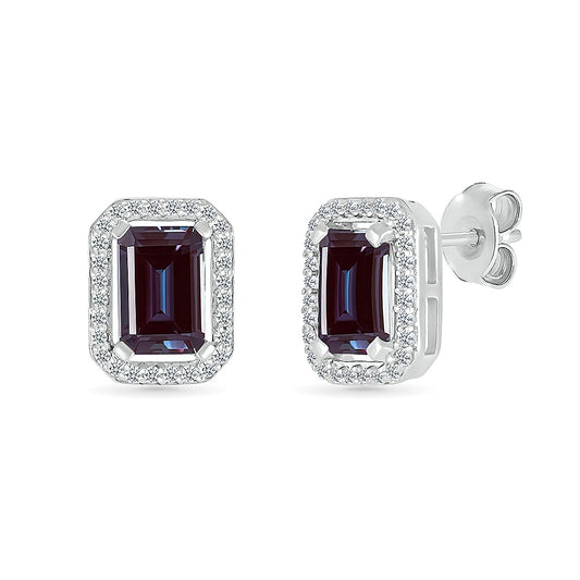 Created Emerald Cut Alexandrite & White Sapphire Halo Earrings in Sterling Silver