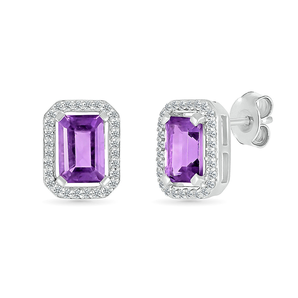Emerald Cut Amethyst & Created White Sapphire Halo Earrings in Sterling Silver