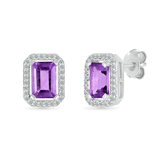 Emerald Cut Amethyst & Created White Sapphire Halo Earrings in Sterling Silver