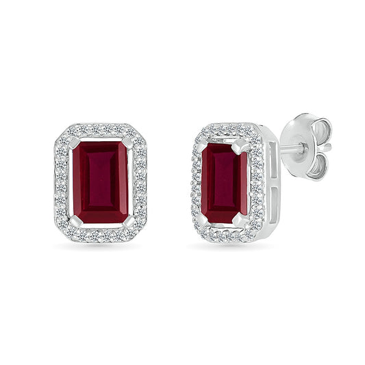 Created Emerald Cut Ruby & White Sapphire Halo Earrings in Sterling Silver