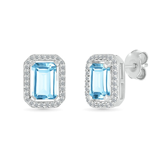 Emerald Cut Swiss Blue Topaz & Created White Sapphire Halo Earrings in Sterling Silver