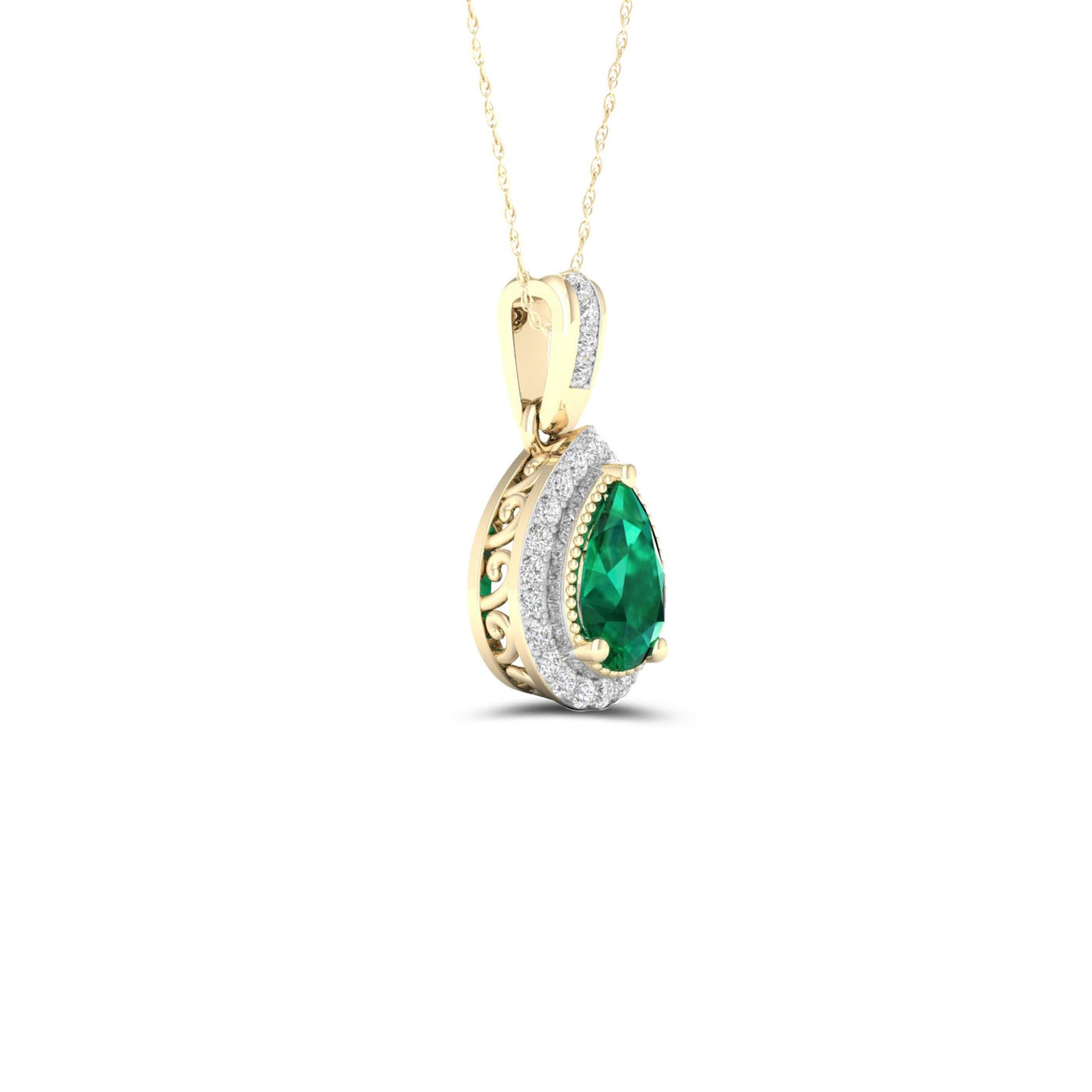 Pear Emerald and Diamond Accent Halo Pendant with Milgrain and Filigree Design in 10K Yellow Gold front view