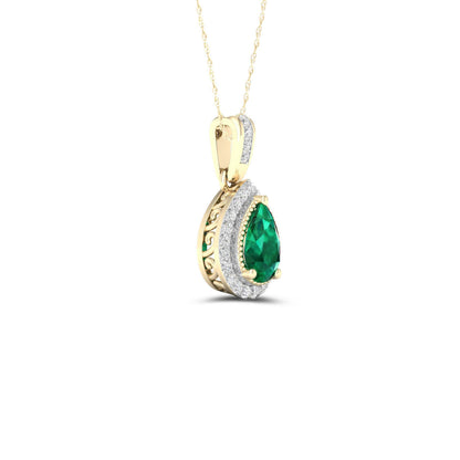 Pear Emerald and Diamond Accent Halo Pendant with Milgrain and Filigree Design in 10K Yellow Gold front view
