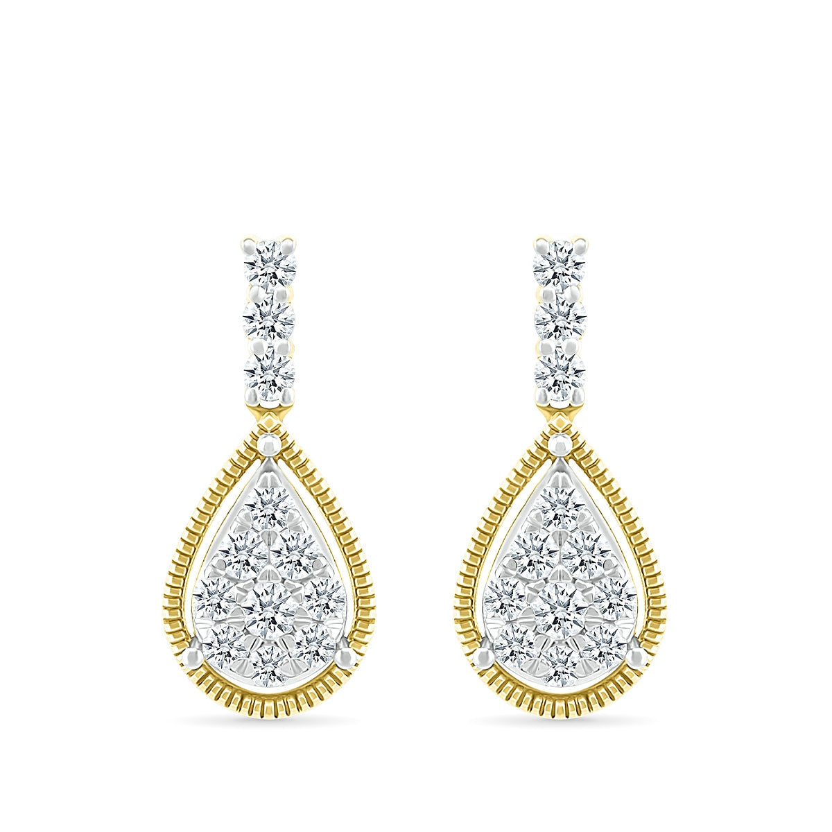 Fairytale Diamonds 1/2 ct. tw. Diamond Pear-Shaped Cluster Drop Earrings with Milgrain Halo in 10K Yellow Gold front view