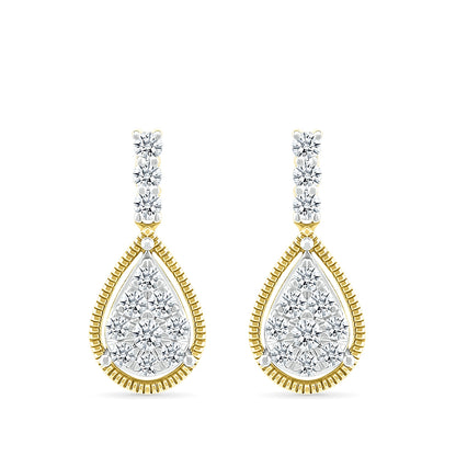 Fairytale Diamonds 1/2 ct. tw. Diamond Pear-Shaped Cluster Drop Earrings with Milgrain Halo in 10K Yellow Gold front view
