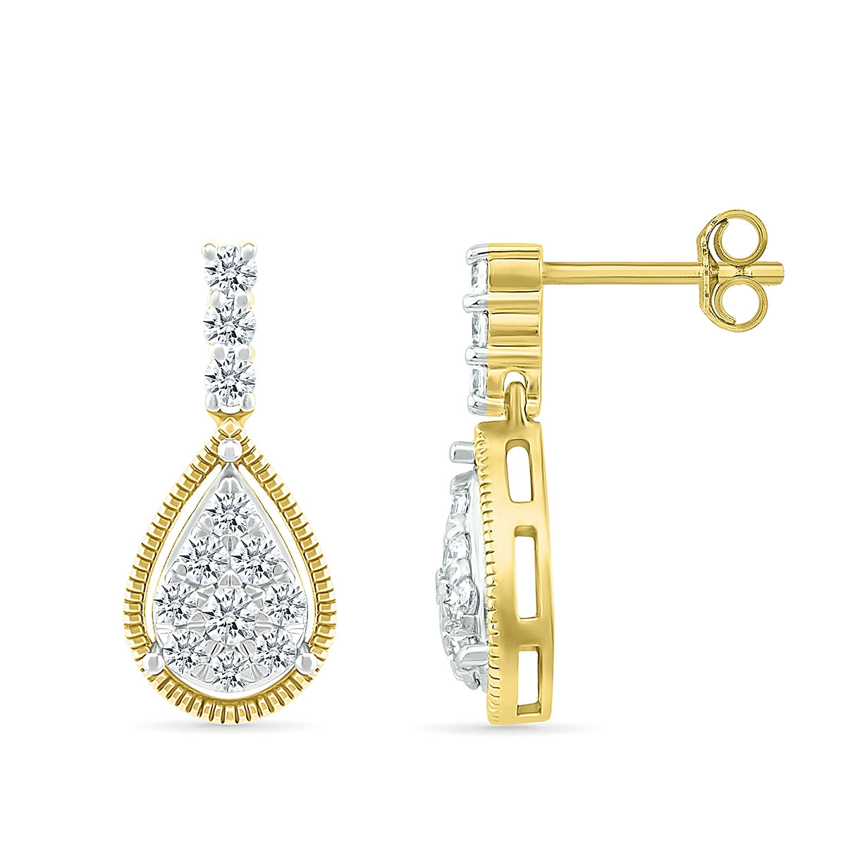 Fairytale Diamonds 1/2 ct. tw. Diamond Pear-Shaped Cluster Drop Earrings with Milgrain Halo in 10K Yellow close-up detail