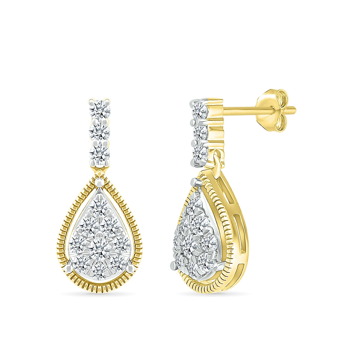 Fairytale Diamonds 1/2 ct. tw. Diamond Pear-Shaped Cluster Drop Earrings with Milgrain Halo in 10K Yellow Gold