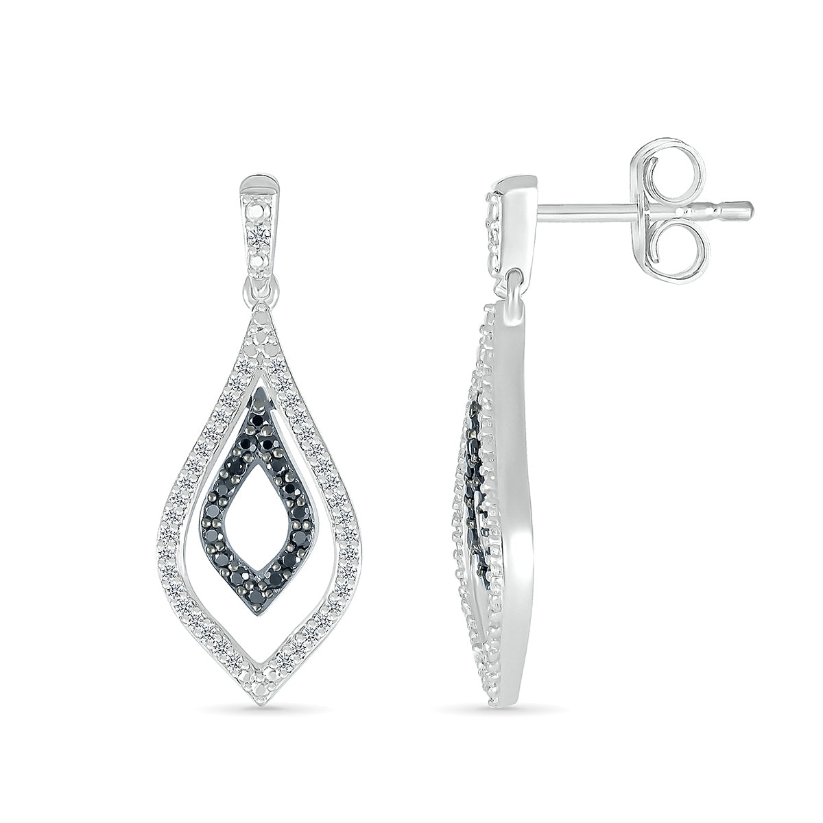 1/3 ct. tw. Black & White Diamond Double Pointed Teardrop Earrings in 10K White Gold close-up detail