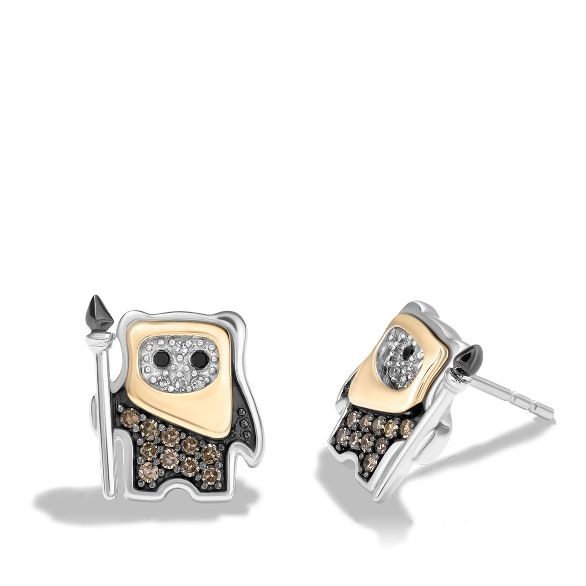Star Wars Ewok 1/5 ct. tw. Champagne, White, & Treated Black Diamond Earrings in Sterling Silver & 10K Yellow Gold front view