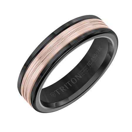 Triton Men's Black Tungsten Ring with 14K Pink Gold Center Band and Milgrain Design