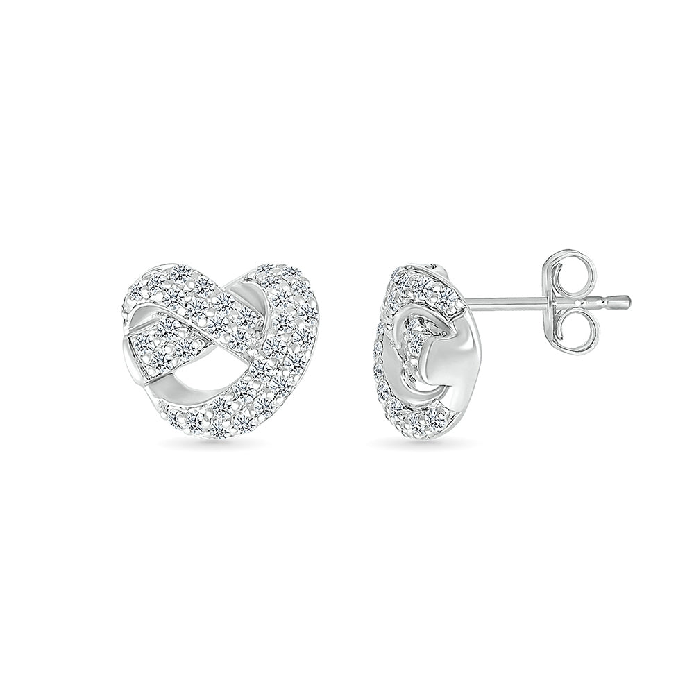 Love Knot 1/4 ct. tw. Diamond Knot Heart Earrings in Sterling Silver close-up detail